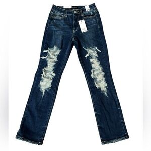Judy Blue Mid Rise Heavy Distressed Straight Leg Jeans- NWT